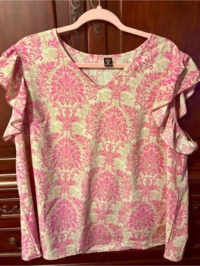 SHEIN Pink Damask Ruffle Sleeve V-Neck Top